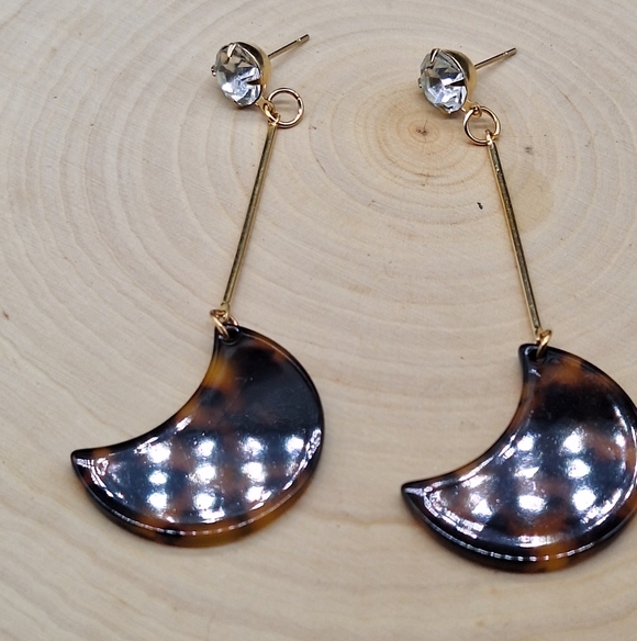 Tortoiseshell Crescent Moon Drop Earrings – Crystal Stud Top - Picture 4 of 4